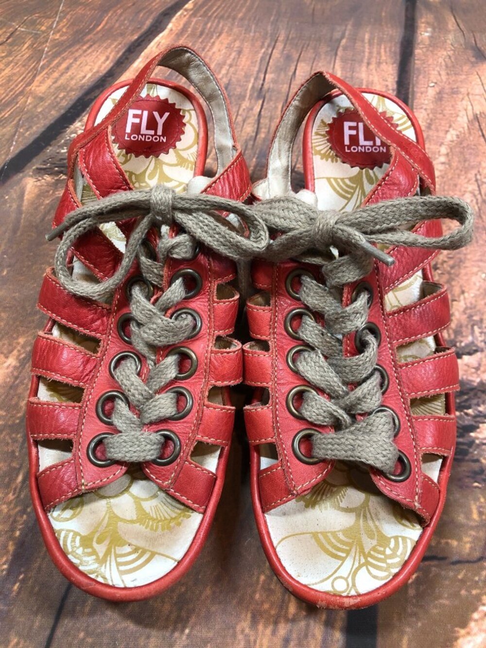 Fly London Womens 39/ 8-8.5 Ylva Red Lace Up Open Toe Wedge Sandals